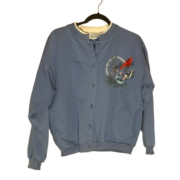 Vintage National Wildlife Federation Bird Embroidered Button Front Sweatshirt L - Picture 3 of 10